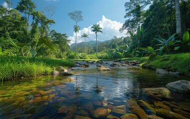 Tranquil river flowing through a lush tropical forest with tall trees and clear skies.