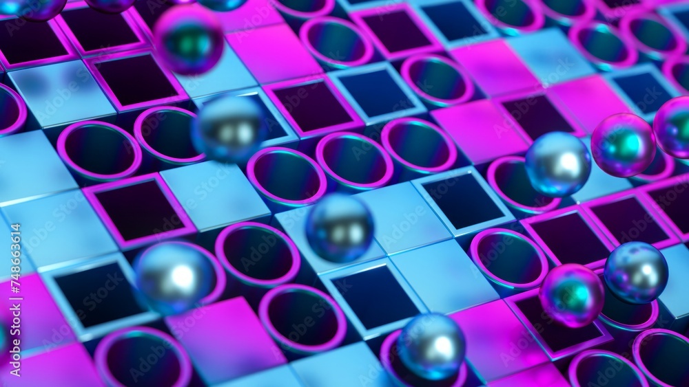 Aufkleber gleaming spheres float above a neon grid, a futuristic 3d tableau of motion and color.