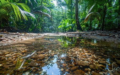 Tropical rainforest with a clear stream and lush greenery, low angle view.