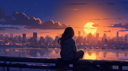 Illustration of a cute girl in a cozy room listening to lo-fi music and gazing at the moonlit city skyline - obrazy, fototapety, plakaty