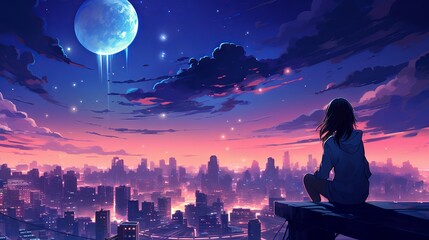 Illustration of a cute girl in a cozy room listening to lo-fi music and gazing at the moonlit city skyline
