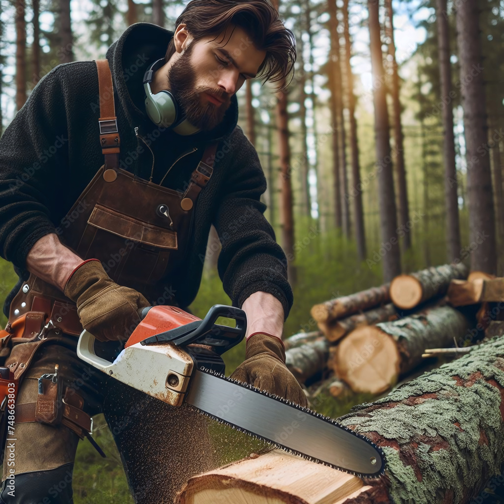 Poster a lumberjack with a chainsaw in the forest. a man saws a tree.