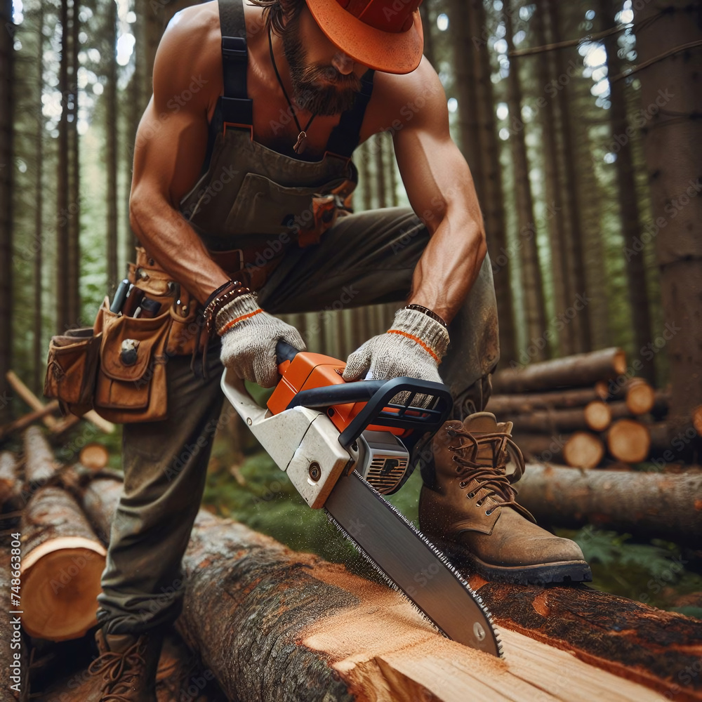 Poster lumberjack with chainsaw cutting a tree in the forest.