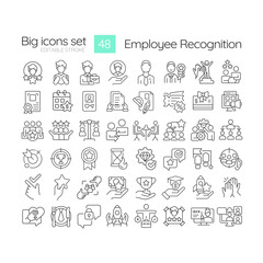 Employee recognition linear icons set. Corporate culture. Team spirit. Workers motivation. Team member gratitude. Customizable thin line symbols. Isolated vector outline illustrations. Editable stroke
