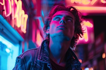 Young man looking upwards, bathed in the glow of neon lights in an urban night setting.