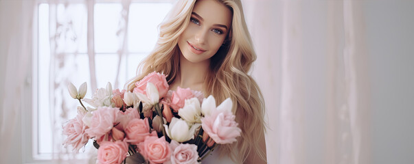Beautiful woman with blond hair holding pink flowers