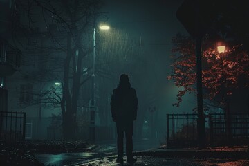 A solitary figure walks under the streetlights on a rainy night, with the city's eerie glow as a backdrop.