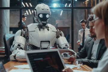 AI Robot or AI cyborg meeting with executives in office. IT team of future. Futuristic worker concept