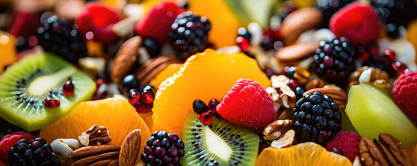 Obraz na płótnie Canvas Close up photo of mix of fresh fruit and nuts, healthy food concept