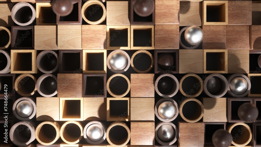 Poster chrome spheres nest in a rich array of wooden blocks, creating a 3d pattern of natural and metallic 