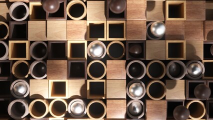 Chrome spheres nest in a rich array of wooden blocks, creating a 3D pattern of natural and metallic textures.