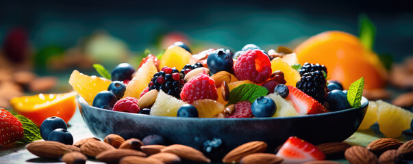 Close up photo of fresh fruit and nuts on plate, healthy food concept