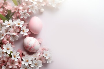 Fototapeta na wymiar Easter colorful pink eggs and spring blossom flowers on pastel background. Banner. Copy space. Greeting card. View from above.