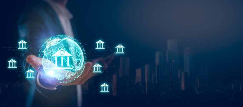 E-governance technology, Businessman holding virtual glob and the e-governance icon on the global network structure. Ensuring secure e-governance of business in the era of global connectivity
