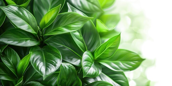 Lush green leaves with a soft-focus background, suitable for nature themes and environmental designs.
