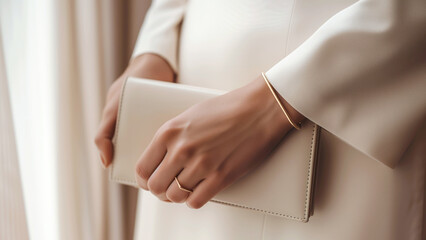 Woman intimate gathering in elegant style in studio closeup. Lady adorned in quiet luxury attire with gold jewelry on hand. Impeccable taste