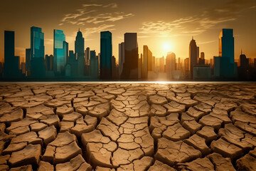 Drought land at Cityscape of buildings. Global drought. City metropolis at Dry cracked earth. Water crisis, World Climate change. Dried earth at city, Business district. No freshwater. Cracked earth. - obrazy, fototapety, plakaty