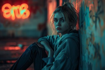 A trendy young woman sits casually against a wall bathed in the glow of neon lights in an urban setting.