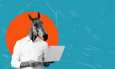 Art collage, man with horse head with laptop on blue background with space for text.