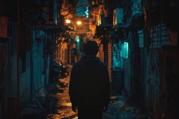 Obraz premium A lone figure walks away through a narrow alley bathed in warm yellow street lights, surrounded by the ambiance of the night.