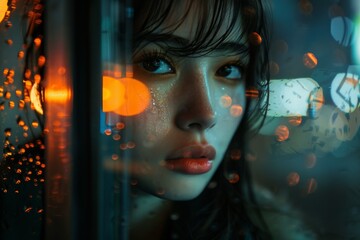 A thoughtful woman's face is seen behind a raindrop-covered window, with city lights creating a colorful backdrop.
