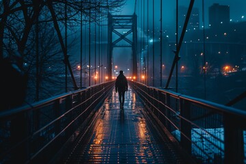 A lone man walks across a gleaming, rain-soaked bridge at night, with distant city lights casting a moody glow.