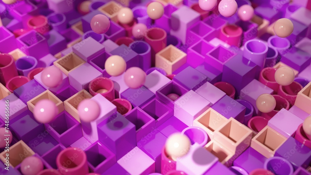 Poster glossy spheres navigate a maze of lavender cubes in this vibrant and playful 3d animation.