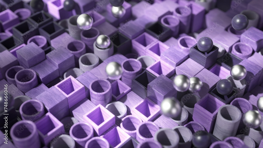 Poster metallic spheres meander through a labyrinth of violet-hued blocks in this mesmerizing 3d animation.