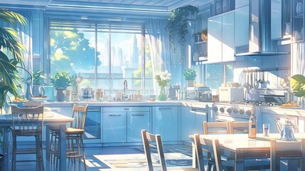 Anime-style illustration of a cozy and stylish kitchen with white furniture, dining table, and natural light