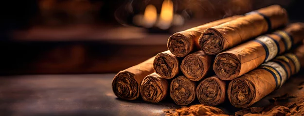 Papier Peint photo Havana Premium Hand-Rolled Cigars Ready for Enjoyment. Tobacco product close-up with detailed textures, resting atop a wooden surface.