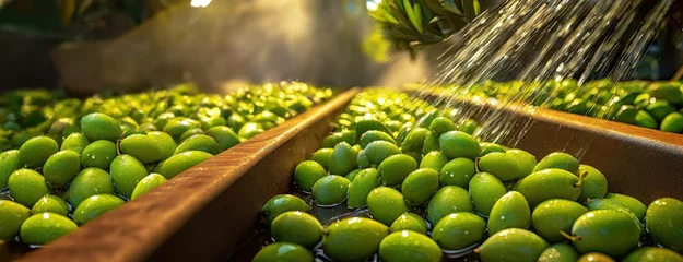 Gordijnen Olives Being Washed in Processing Equipment. A multitude of green olives are being rinsed with water jets in a large container, part of a cleansing process in olive production. © Igor Tichonow
