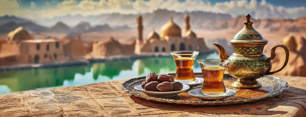Traditional Middle Eastern tea set on a tray with dates, overlooking ancient architecture. Teapot and cups filled with amber liquid, served with dried fruits. Panorama with copy space.
