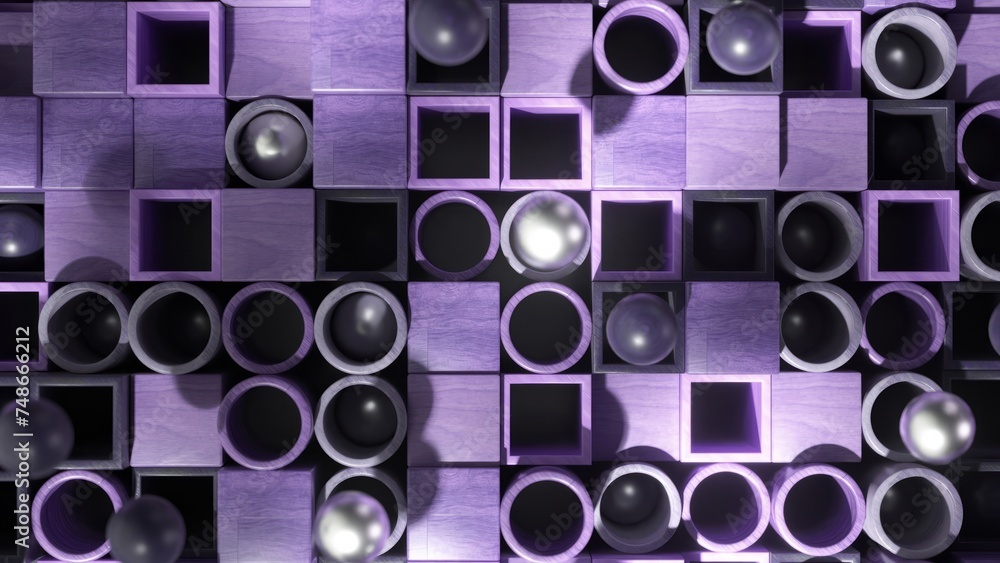 Poster silver spheres and dark cubes create a metallic mosaic on a purple matrix in this sleek 3d animation