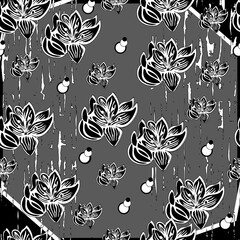 black and white, seamless floral pattern, in the rain.