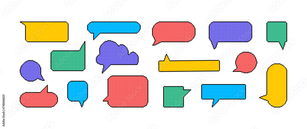 Poster message bubble pixel art set. colorful empty chats, dialogue cloud template design illustration for 