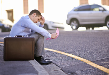 Businessman, failure or job loss in street with letter, stress or thinking of career crisis....