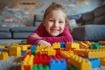 Child girl is happy to play with toy building blocks, Educational and creative toys and games for...