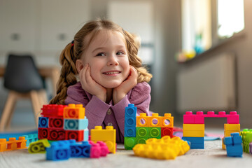 Child girl is happy to play with toy building blocks, Educational and creative toys and games for young children