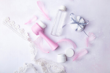 Fototapeta na wymiar Soft pink beauty tools and feathers. Beauty blogs and reviews concept