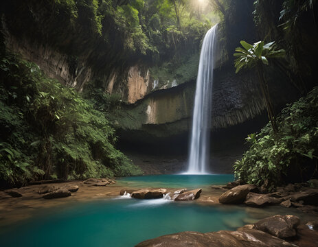 Una cascata impetuosa che si riversa in un canyon profondo immerso nella giungla.