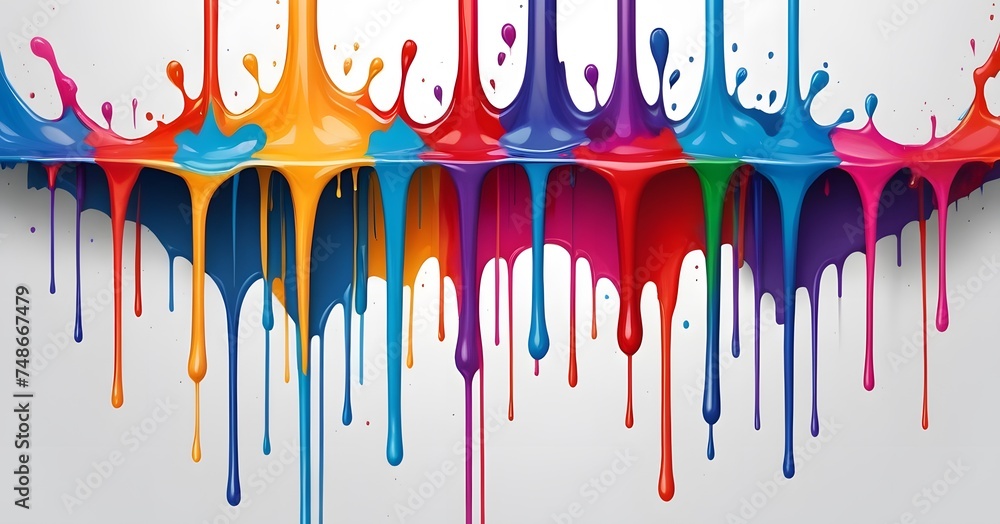 Poster paint in a spectrum of colors drips down a canvas, creating a vibrant and playful abstract piece. ai
