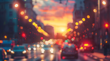Defocused city lights at sunset. Warm colors of the sky and blurry silhouettes of cars on the road.