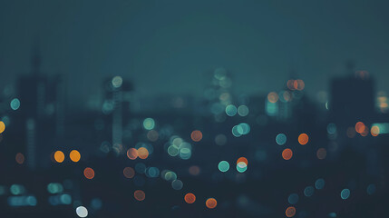 Abstract blurred cityscape at night with bokeh lights and dark background.