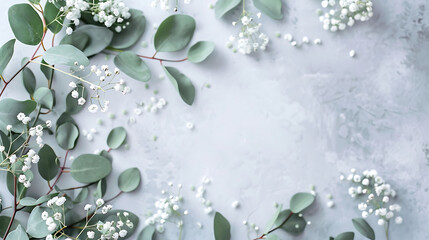 A beautiful floral background with seeded eucalyptus and white baby's breath flowers on a solid gray stone surface. - obrazy, fototapety, plakaty