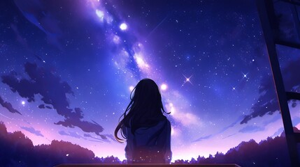 A girl enjoys the midnight sky and lofi tunes: a peaceful illustration