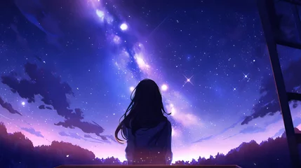 Foto op Plexiglas A girl enjoys the midnight sky and lofi tunes: a peaceful illustration © Ameer