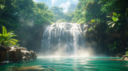 Tropical Oasis: Serene Beauty of Asia with Turquoise Water Stream and Waterfall in a Lush Forest