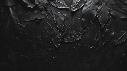 Black leaves on a black background. The leaves are wet and shiny. The background is dark and textured. The image is dark and moody.