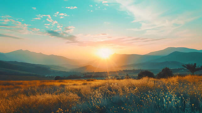 The warm sunlight bathes the field of flowers, casting a golden glow over the rolling hills and majestic mountains beyond.
