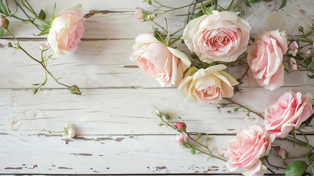 Light pink roses on a pale wooden background. The roses are of different sizes and are arranged in a cluster. The image is soft and romantic.